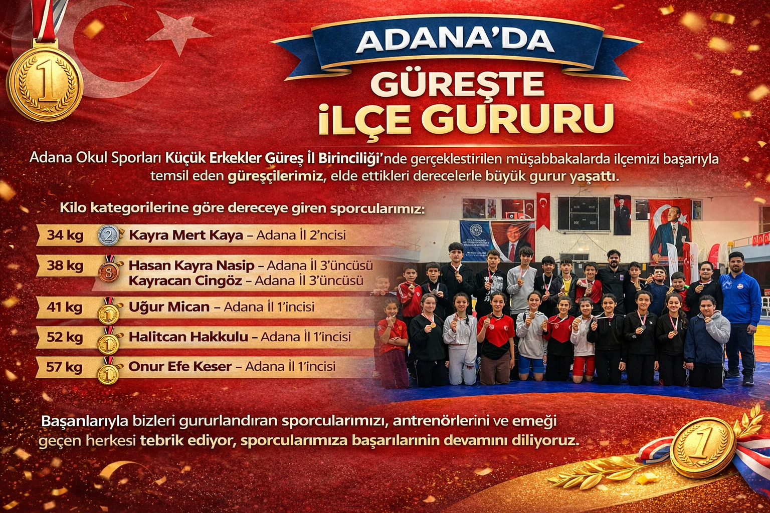 Adana ilinde düzenlenen Okul Sporları Küçük Erkekler Güreş İl Birinciliği