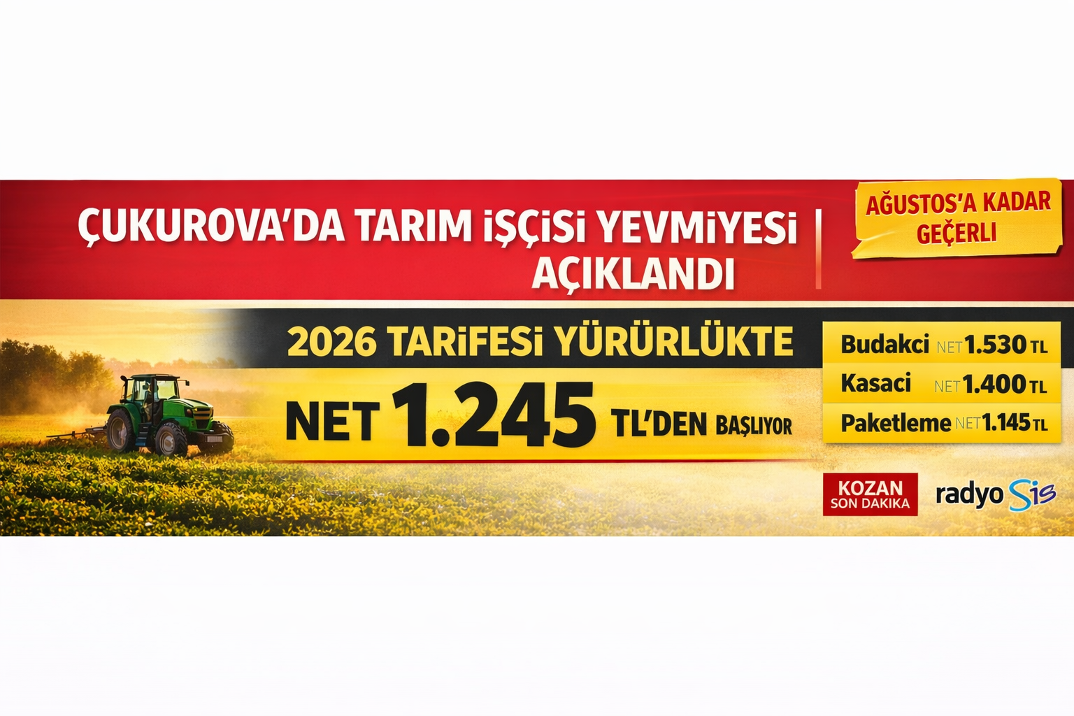 ÇUKUROVA’DA TARIM İŞÇİSİ YEVMİYESİ AÇIKLANDI