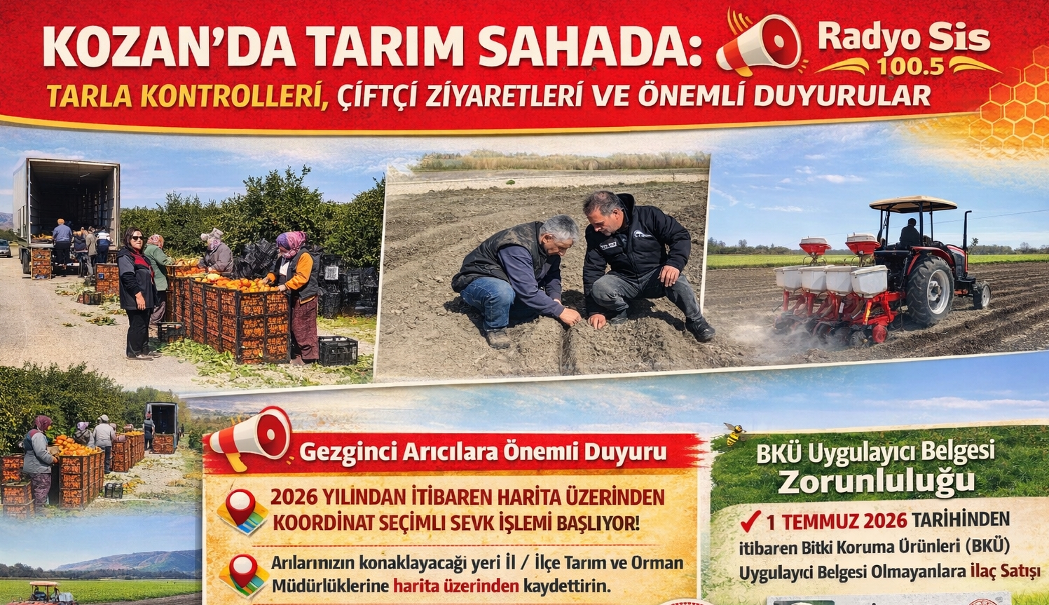 KOZAN’DA TARIM SAHADA: TARLA KONTROLLERİ, ÇİFTÇİ ZİYARETLERİ VE ÖNEMLİ DUYURULAR