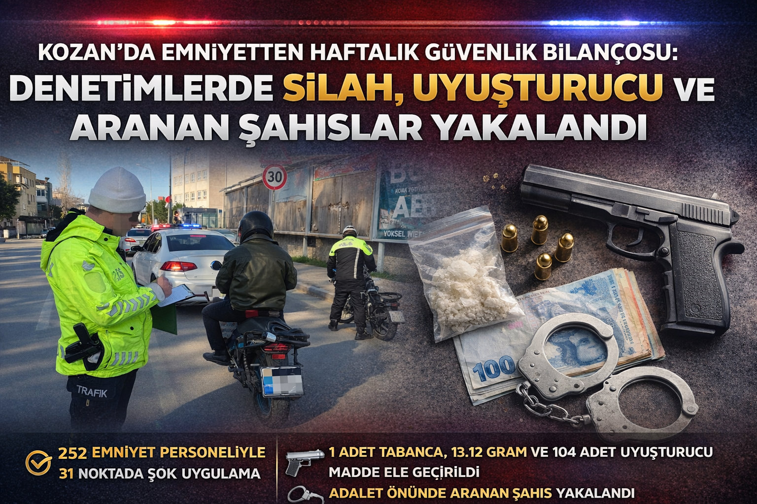 KOZAN’DA EMNİYETTEN HAFTALIK GÜVENLİK BİLANÇOSU: DENETİMLERDE SİLAH, UYUŞTURUCU VE ARANAN ŞAHISLAR YAKALANDI