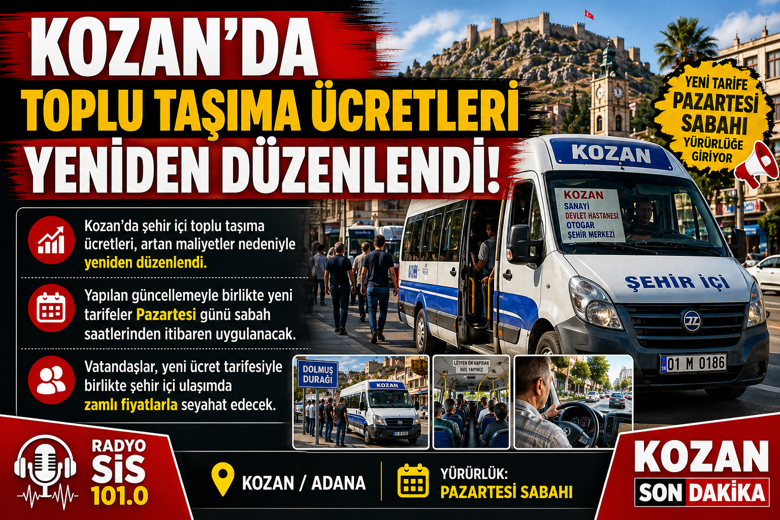 Kozan’da şehir içi toplu taşıma ücretleri yeniden düzenlendi