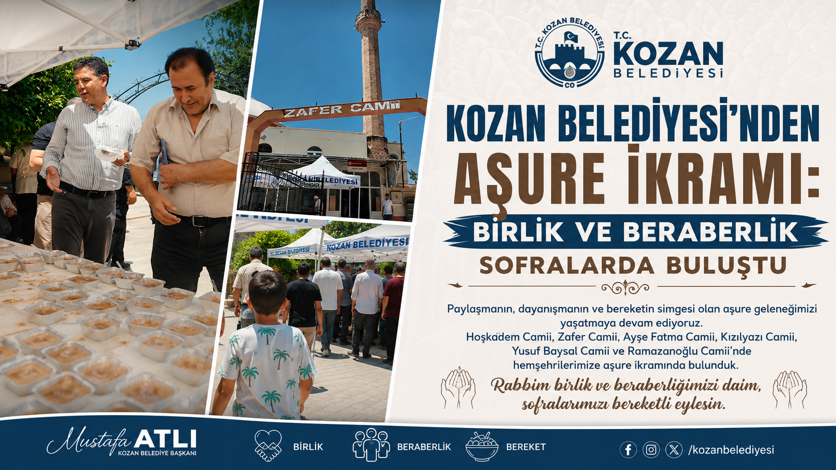 KOZAN BELEDİYESİ’NDEN AŞURE İKRAMI: BİRLİK VE BERABERLİK SOFRALARDA BULUŞTU