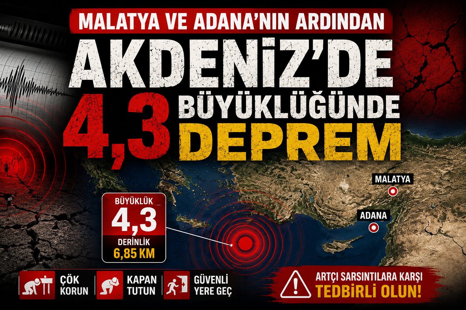 Malatya ve Adana’nın Ardından Akdeniz’de 4,3 Büyüklüğünde Deprem