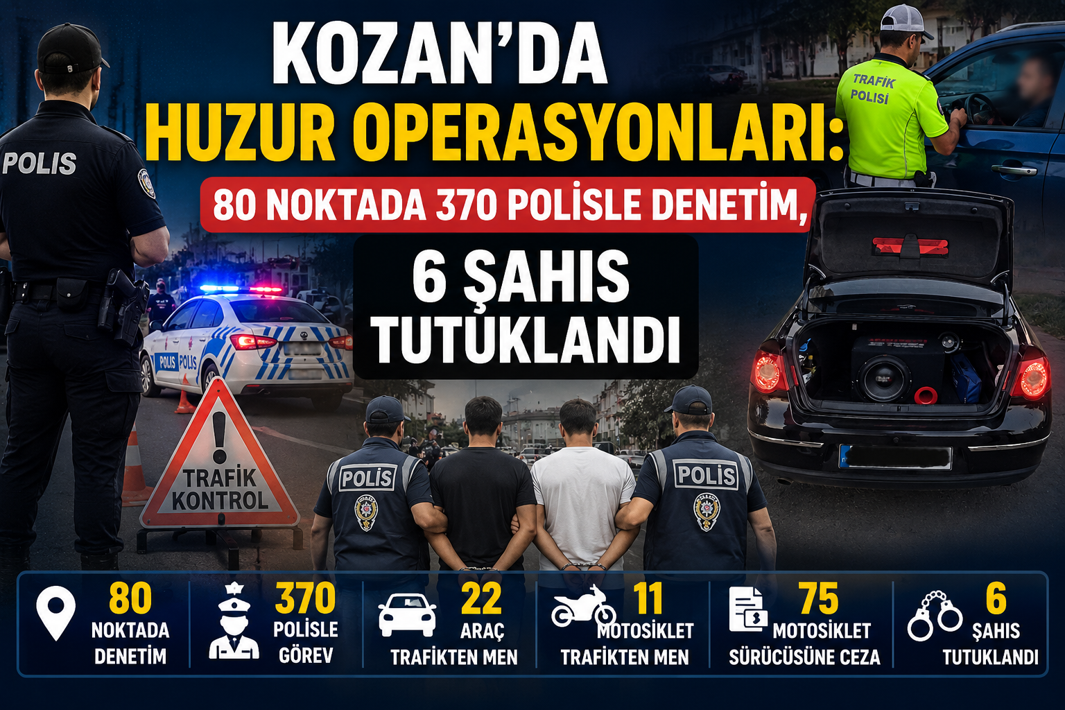 KOZAN’DA HUZUR OPERASYONLARI: 80 NOKTADA 370 POLİSLE DENETİM, 6 ŞAHIS TUTUKLANDI