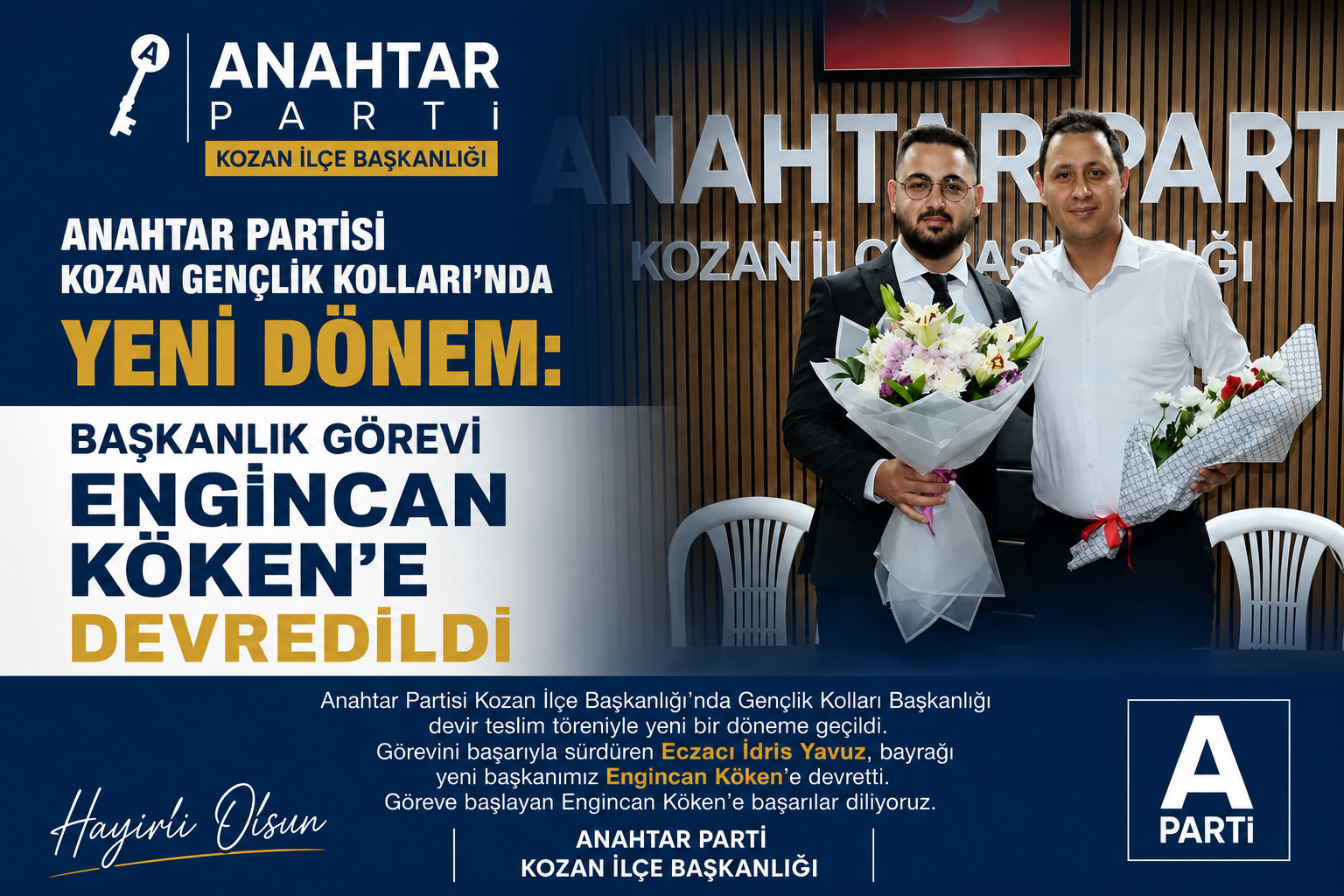 Anahtar Partisi Kozan Gençlik Kolları’nda Yeni Dönem: Başkanlık Görevi Engincan Köken’e Devredildi