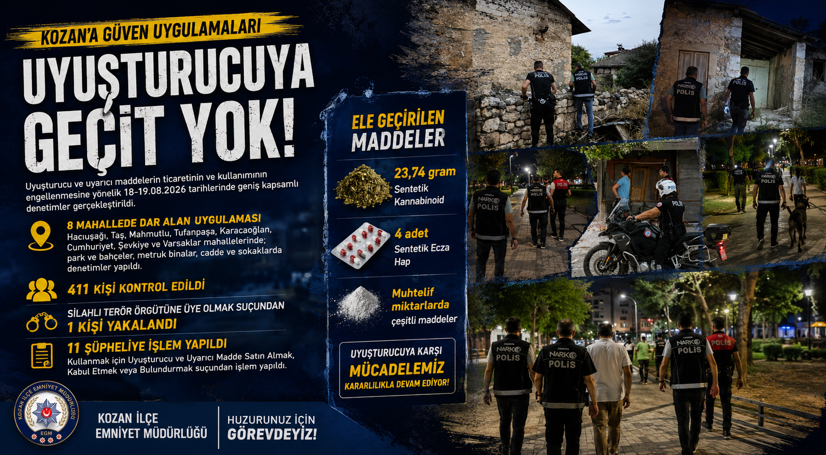 KOZAN’DA 8 MAHALLEDE NARKOTİK DENETİMİ: 11 ŞÜPHELİYE İŞLEM