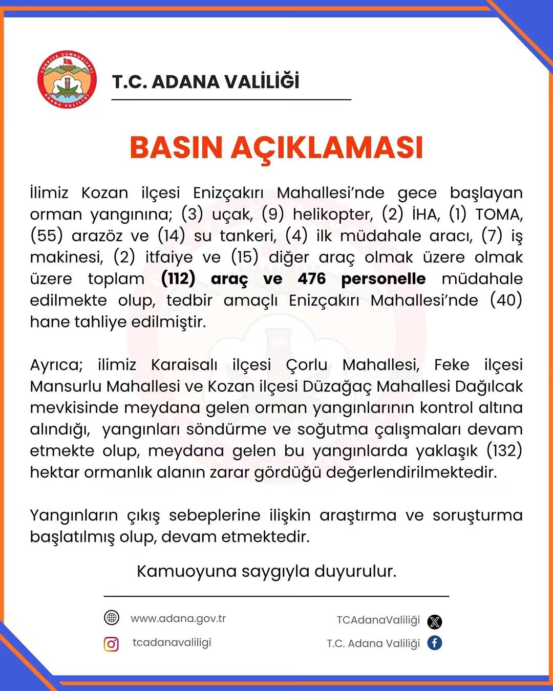 KOZAN’DA ORMAN YANGININA DEV MÜDAHALE: 476 PERSONEL SAHADA, 40 HANE TAHLİYE EDİLDİ